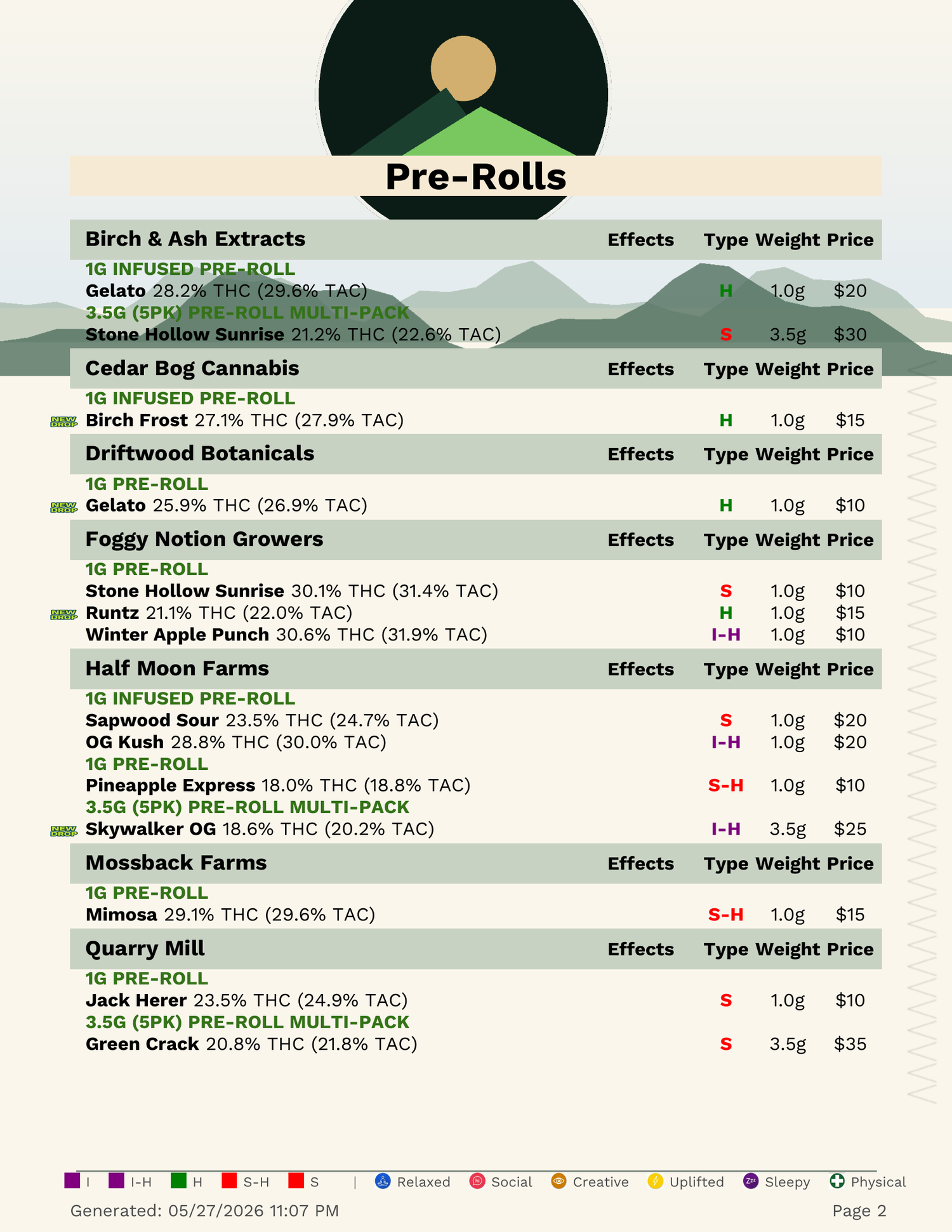 Paper menu page 2 -- Pre-Rolls