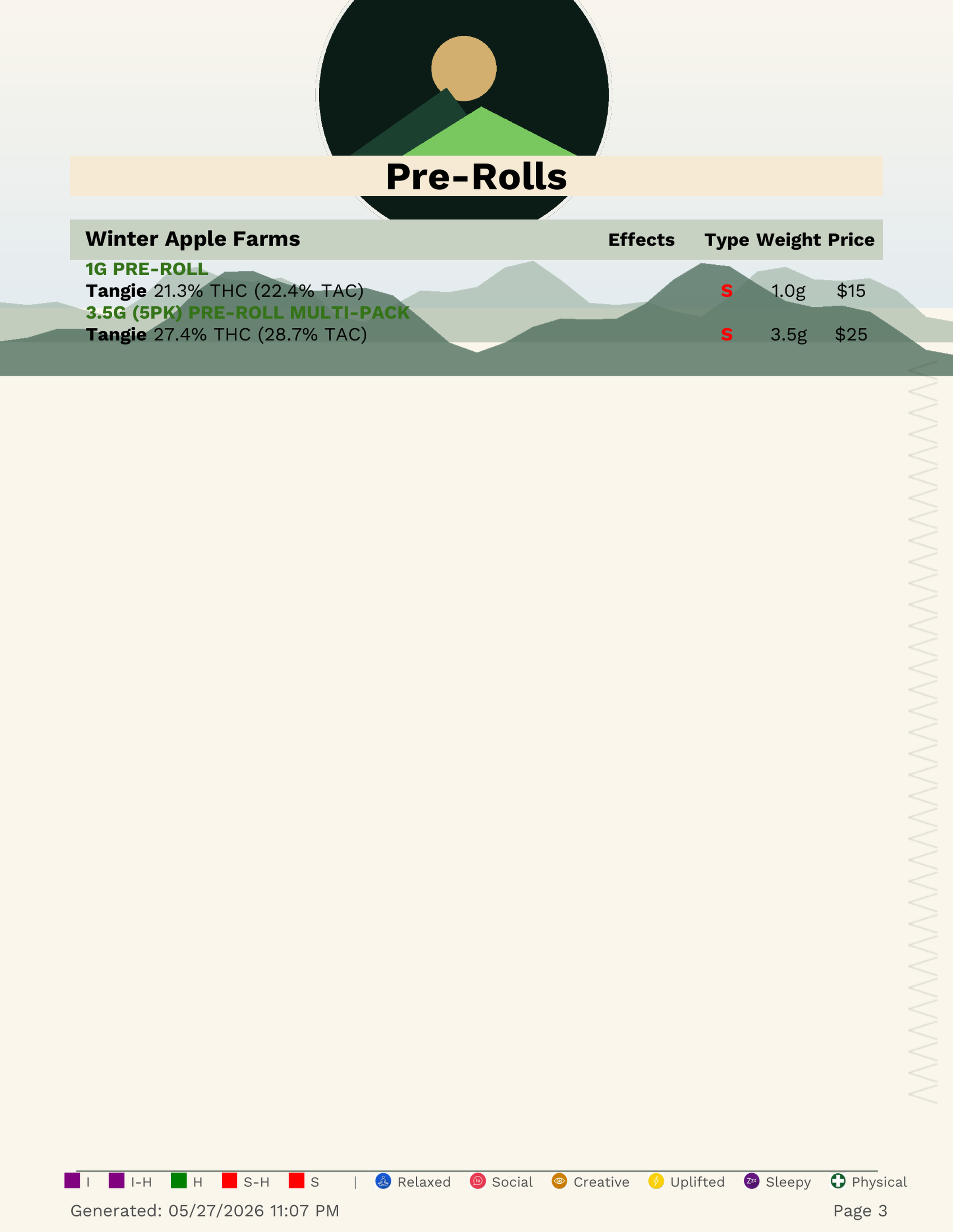 Paper menu page 3 -- Pre-Rolls continued